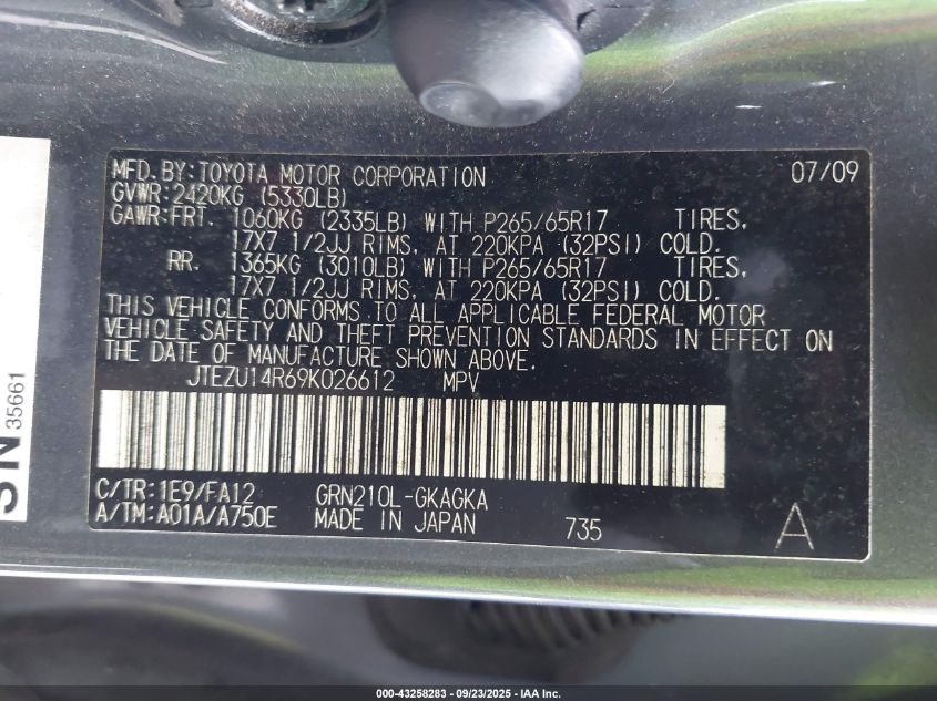 2009 Toyota 4Runner Sr5 V6 VIN: JTEZU14R69K026612 Lot: 43258283