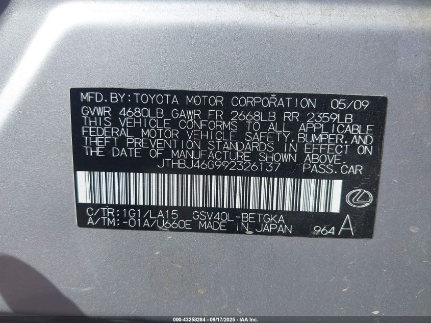 2009 Lexus Es 350 VIN: JTHBJ46G992326137 Lot: 43258284
