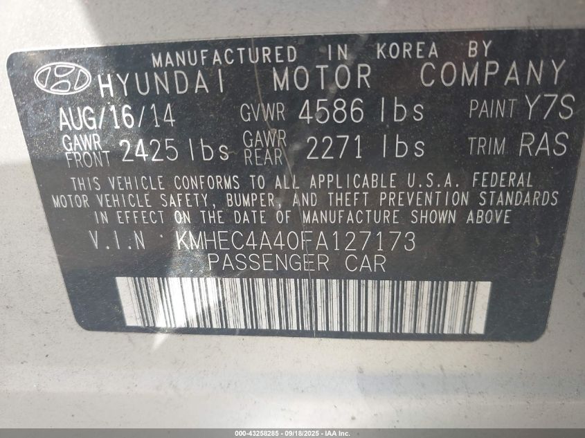 2015 Hyundai Sonata Hybrid Limited VIN: KMHEC4A40FA127173 Lot: 43258285