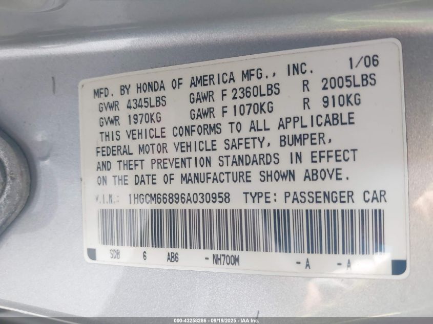 2006 Honda Accord 3.0 Ex VIN: 1HGCM66896A030958 Lot: 43258286