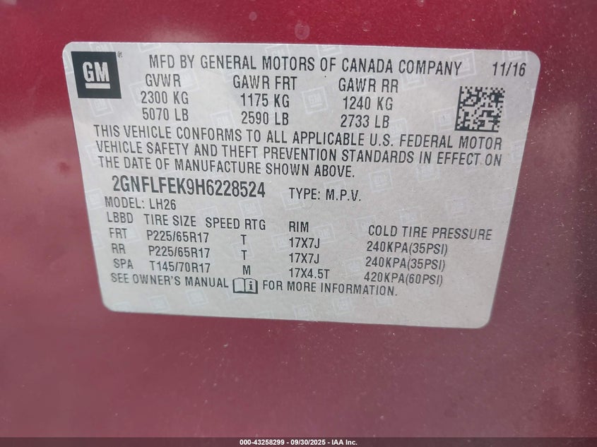 2017 Chevrolet Equinox Lt VIN: 2GNFLFEK9H6228524 Lot: 43258299