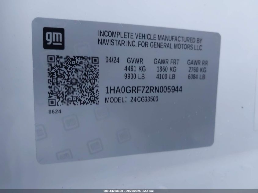 2024 Chevrolet Express Cutaway Work Van VIN: 1HA0GRF72RN005944 Lot: 43258300