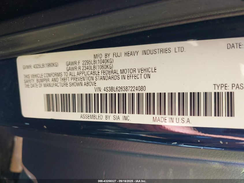 2008 Subaru Legacy 2.5I Limited VIN: 4S3BL626387224080 Lot: 43258327