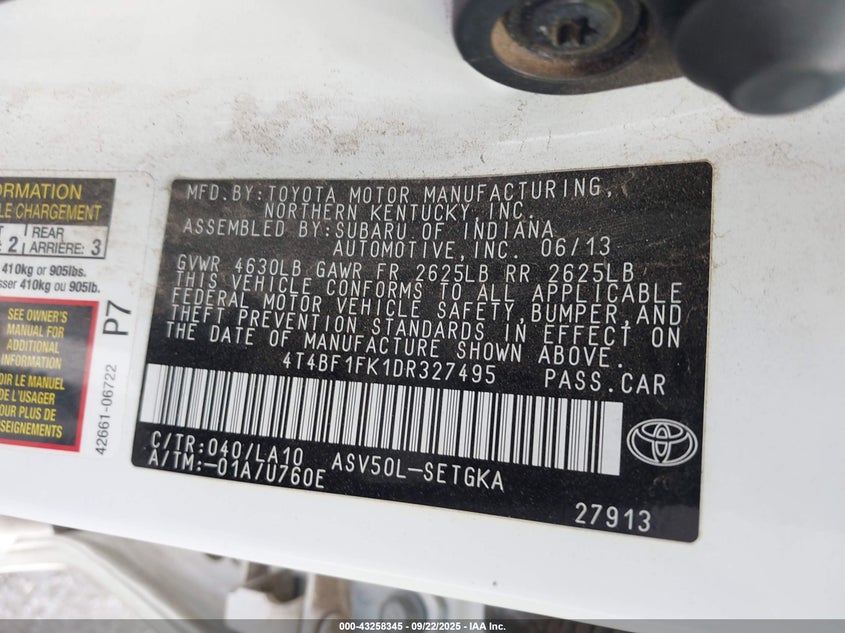 2013 Toyota Camry Xle VIN: 4T4BF1FK1DR327495 Lot: 43258345