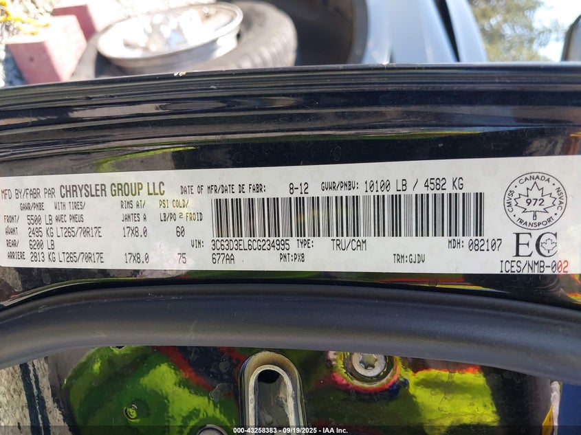 2012 Ram 3500 Laramie VIN: 3C63D3EL6CG234995 Lot: 43258383