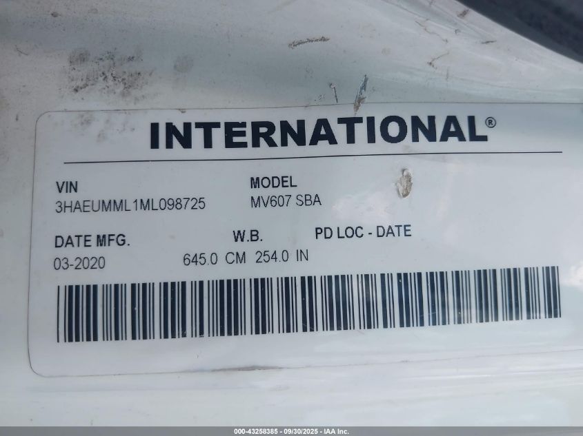2021 International Mv VIN: 3HAEUMML1ML098725 Lot: 43258385