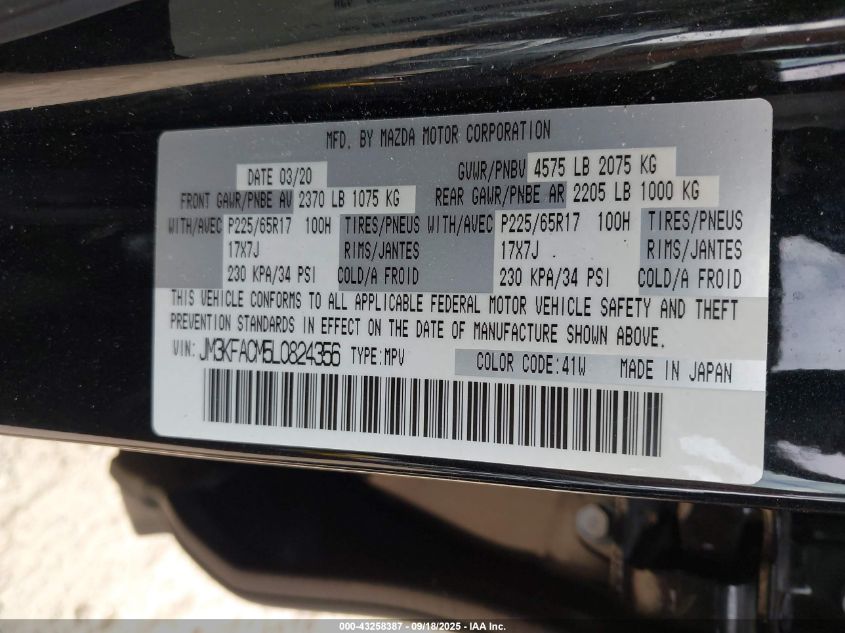 2020 Mazda Cx-5 Touring VIN: JM3KFACM5L0824356 Lot: 43258387