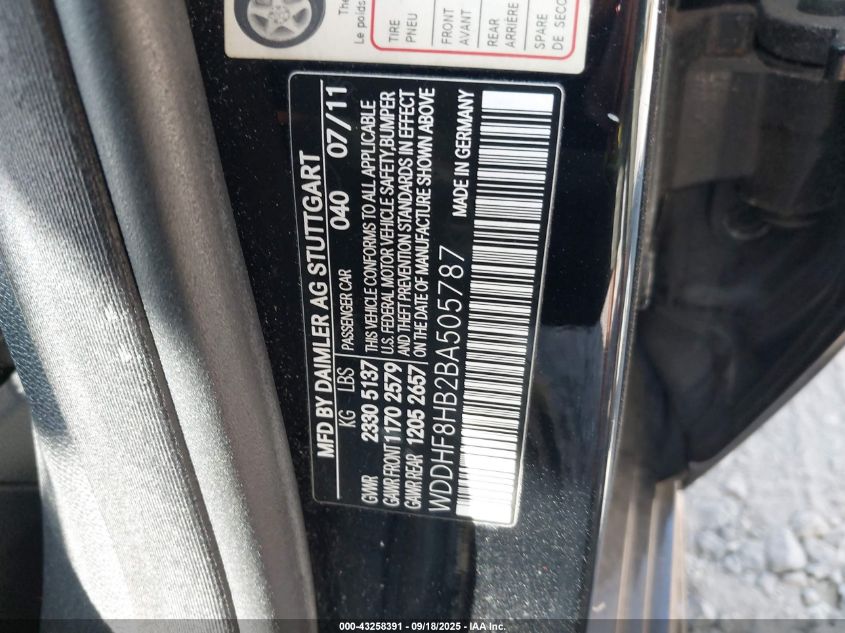 2011 Mercedes-Benz E 350 4Matic VIN: WDDHF8HB2BA505787 Lot: 43258391