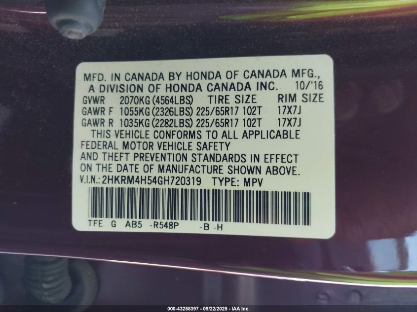 2016 Honda Cr-V Ex VIN: 2HKRM4H54GH720319 Lot: 43258397