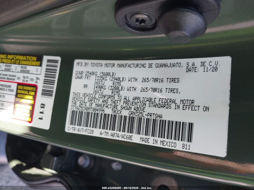 2021 Toyota Tacoma Sr5 V6 VIN: 3TYAZ5CN8MT004996 Lot: 43258400