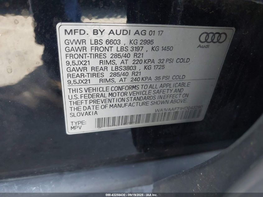 2017 Audi Q7 Prestige VIN: WA1VAAF71HD043290 Lot: 43258430