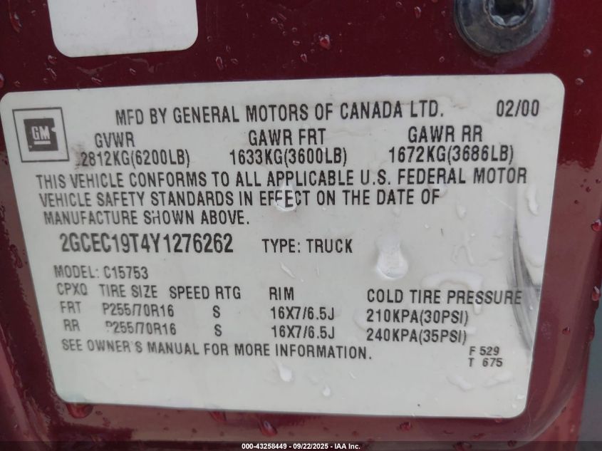 2000 Chevrolet Silverado 1500 Ls VIN: 2GCEC19T4Y1276262 Lot: 43258449