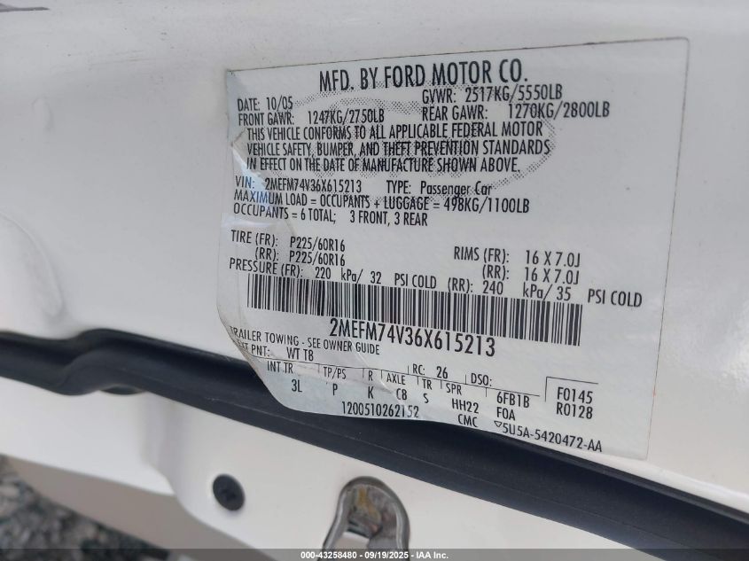 2006 Mercury Grand Marquis Gs VIN: 2MEFM74V36X615213 Lot: 43258480