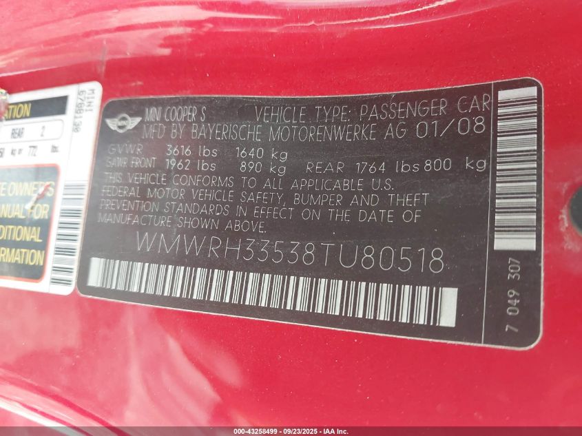 2008 Mini Cooper S VIN: WMWRH33538TU80518 Lot: 43258499