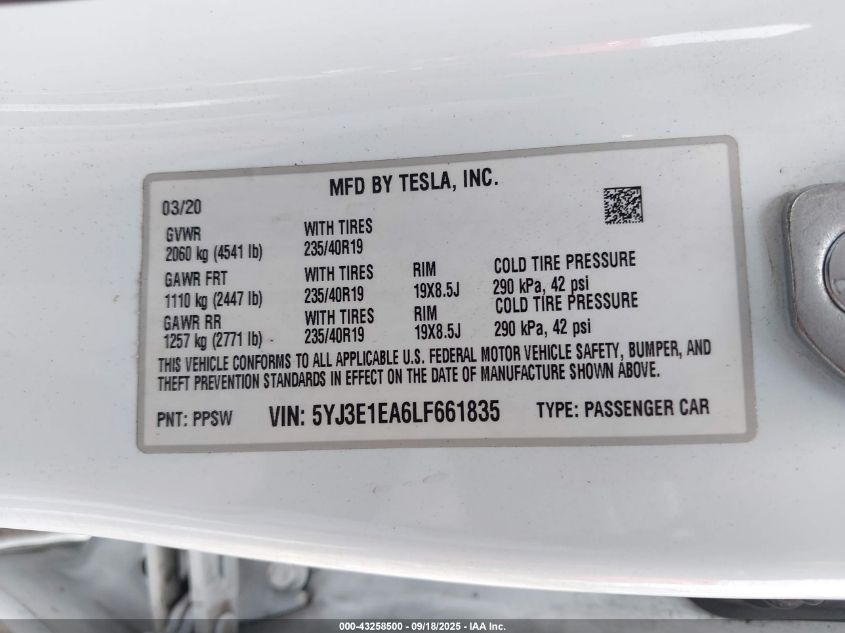 2020 Tesla Model 3 Standard Range Plus Rear-Wheel Drive/Standard Range Rear-Wheel Drive VIN: 5YJ3E1EA6LF661835 Lot: 43258500