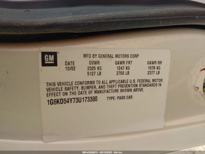 2003 Cadillac Deville Standard VIN: 1G6KD54Y73U173380 Lot: 43258513