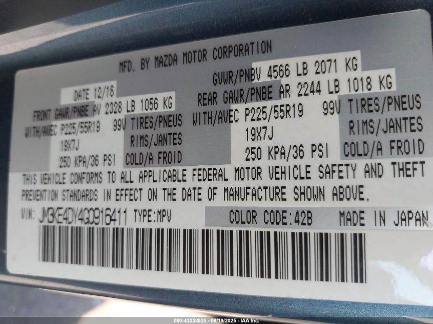 2016 Mazda Cx-5 Grand Touring VIN: JM3KE4DY4G0916411 Lot: 43258525