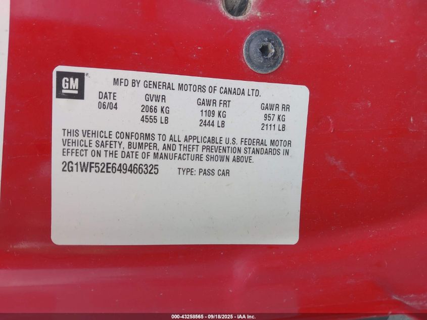 2004 Chevrolet Impala VIN: 2G1WF52E649466325 Lot: 43258565