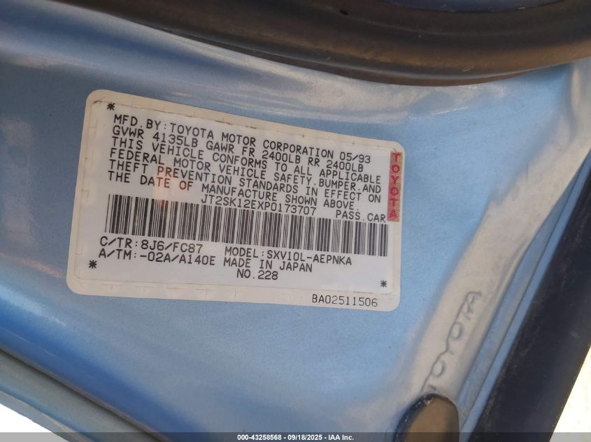 1993 Toyota Camry Le VIN: JT2SK12EXP0173707 Lot: 43258568