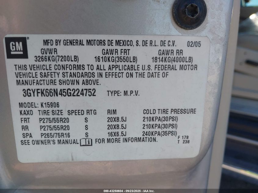 2005 Cadillac Escalade Esv Platinum Edition VIN: 3GYFK66N45G224752 Lot: 43258604