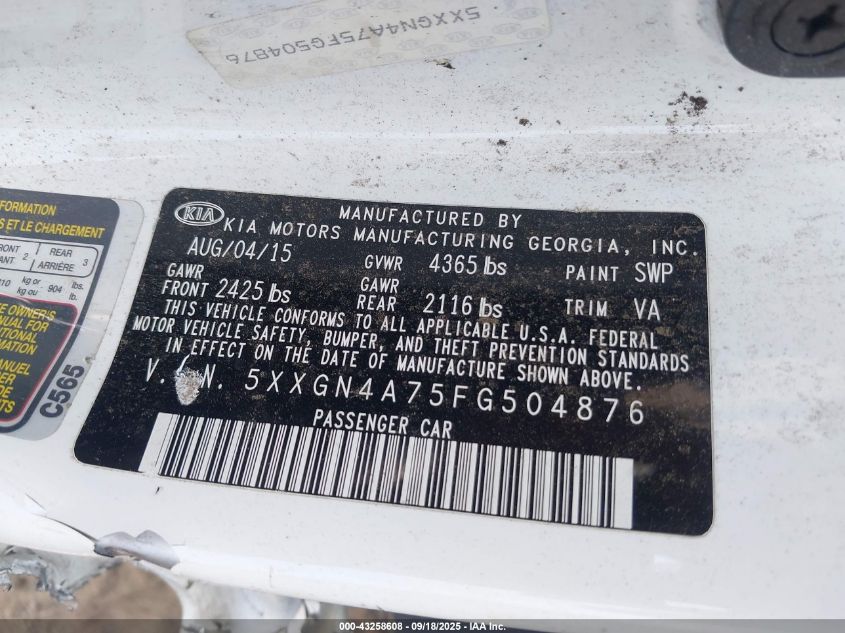 2015 Kia Optima Ex VIN: 5XXGN4A75FG504876 Lot: 43258608