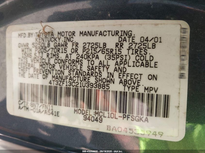 2001 Toyota Sienna Le VIN: 4T3ZF13C21U393885 Lot: 43258609