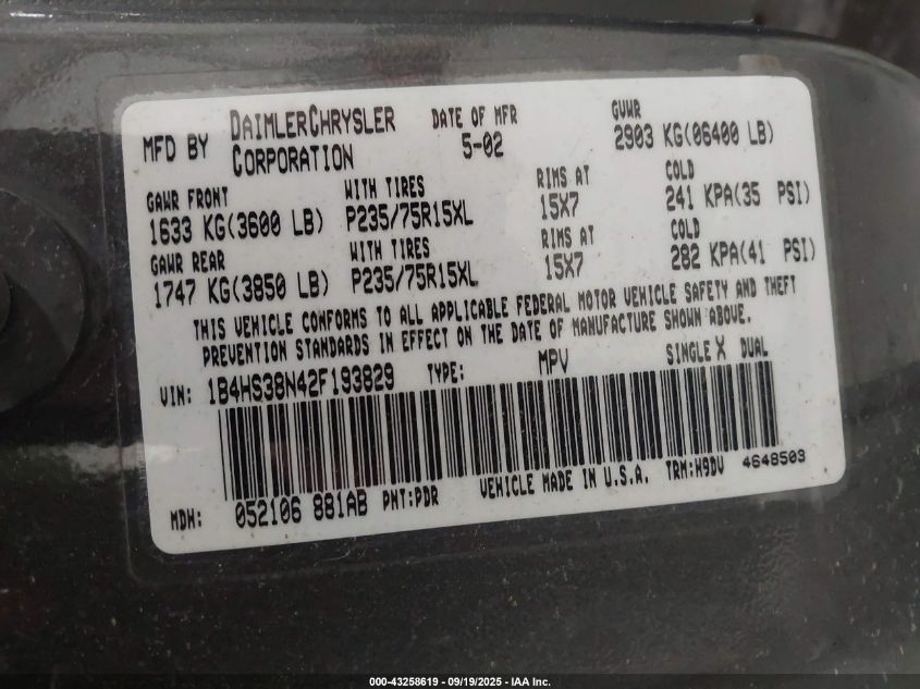 2002 Dodge Durango Sport VIN: 1B4HS38N42F193829 Lot: 43258619