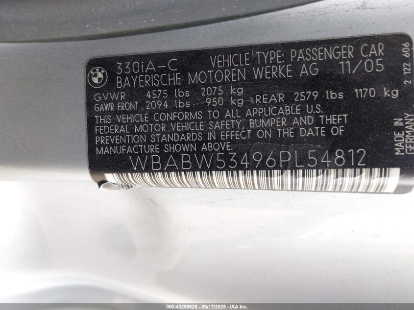 2006 BMW 330Ci VIN: WBABW53496PL54812 Lot: 43258626