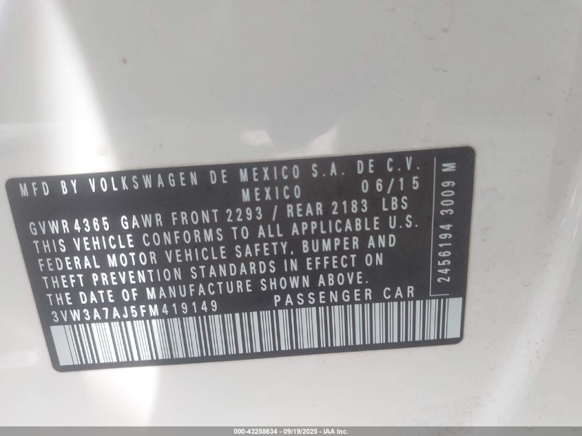 2015 Volkswagen Jetta 2.0L Tdi Se VIN: 3VW3A7AJ5FM419149 Lot: 43258634
