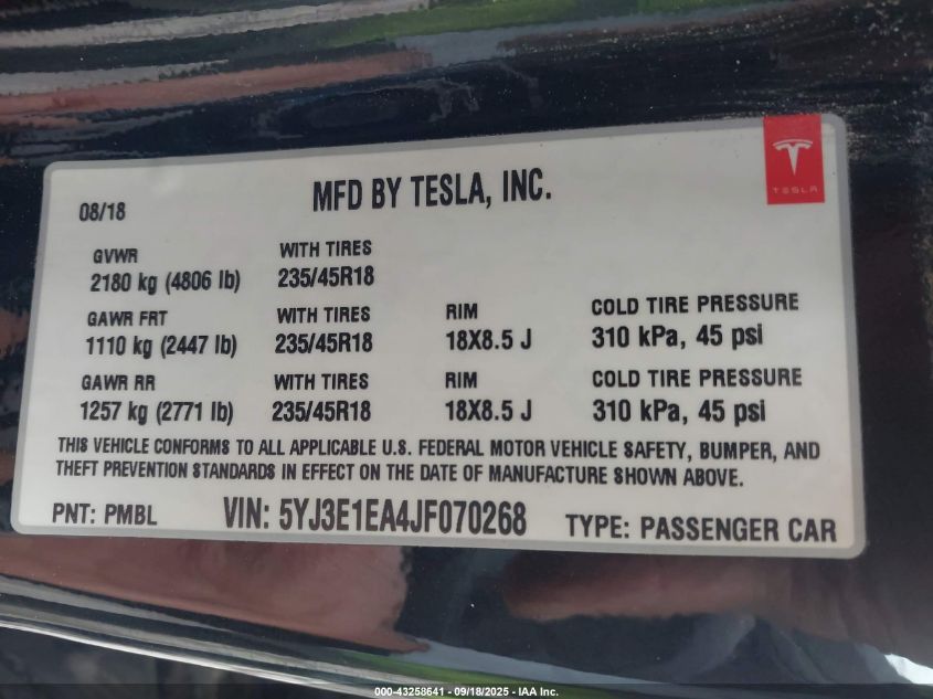 2018 Tesla Model 3 VIN: 5YJ3E1EA4JF070268 Lot: 43258641
