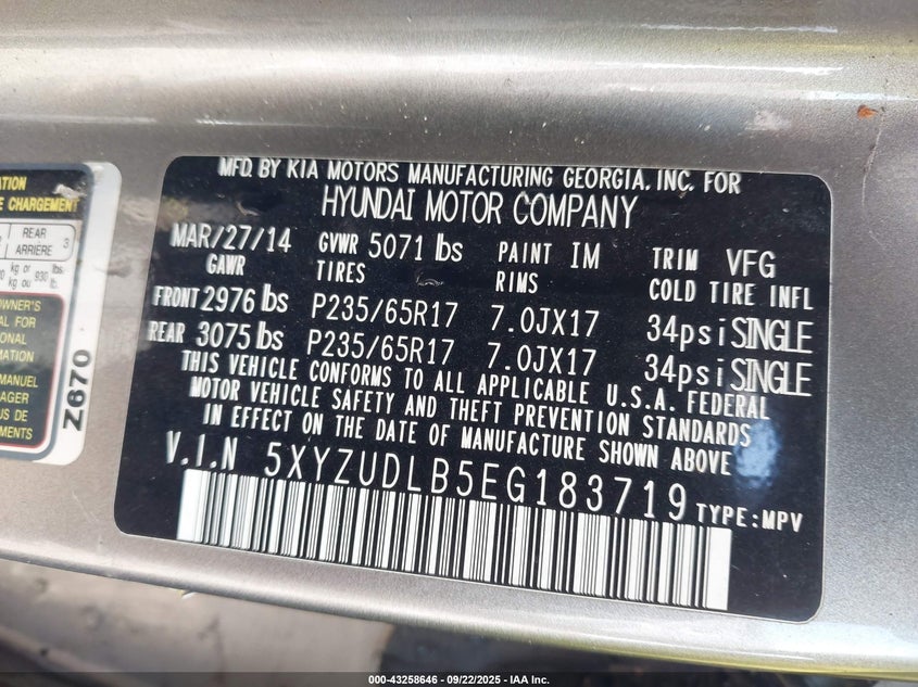 2014 HYUNDAI SANTA FE SPORT 2.4L 5XYZUDLB5EG183719