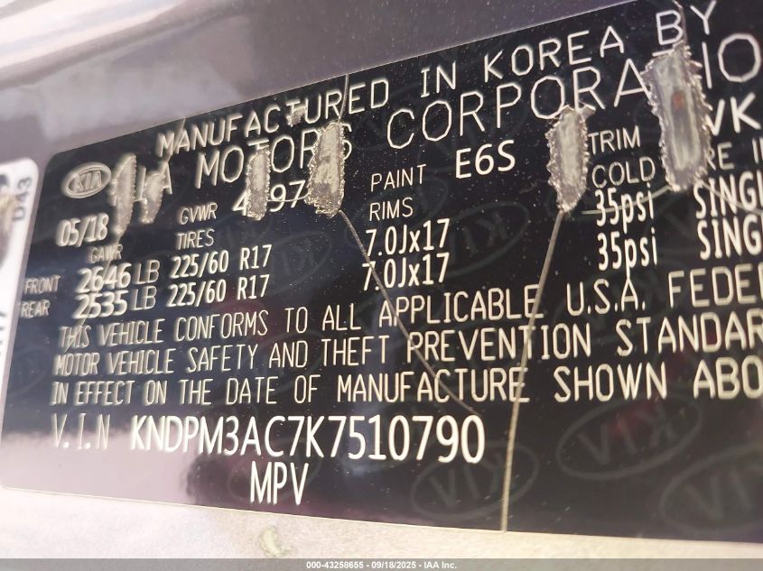 2019 Kia Sportage Lx VIN: KNDPM3AC7K7510790 Lot: 43258655