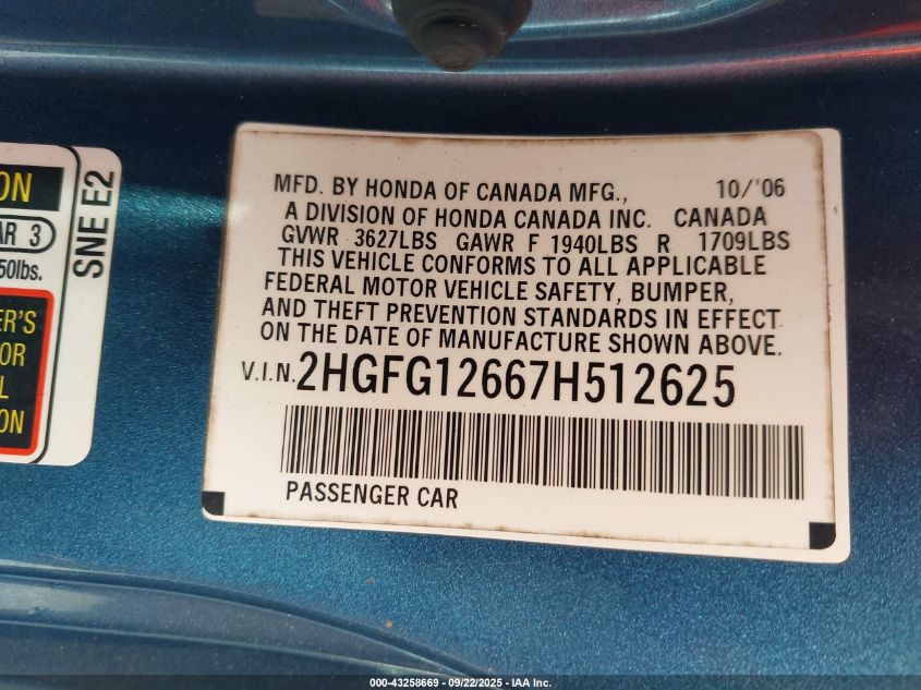 2007 Honda Civic Lx VIN: 2HGFG12667H512625 Lot: 43258669