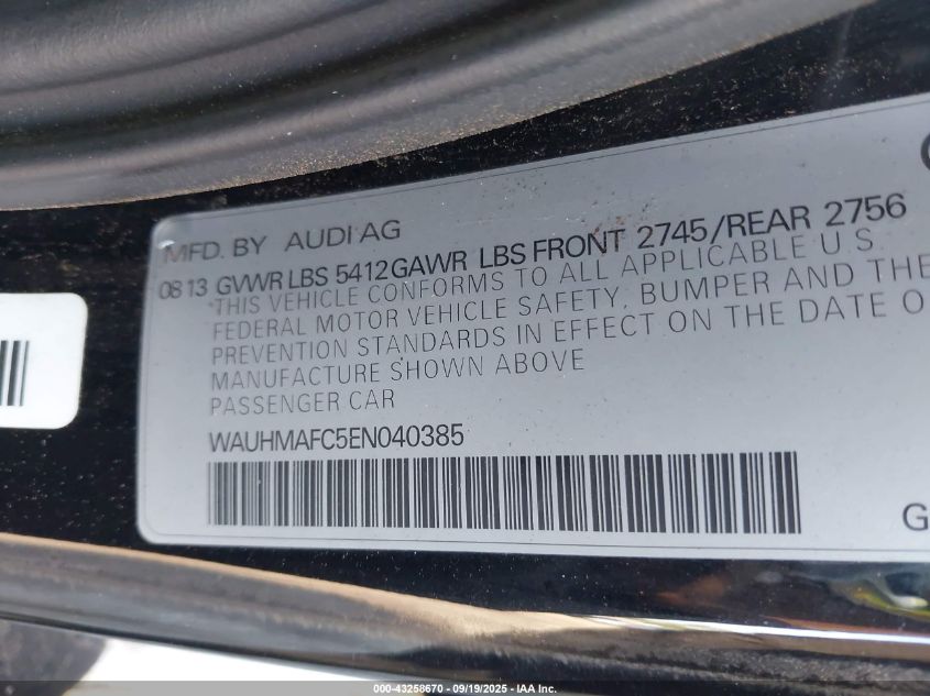 2014 Audi A6 3.0 Tdi Premium Plus VIN: WAUHMAFC5EN040385 Lot: 43258670