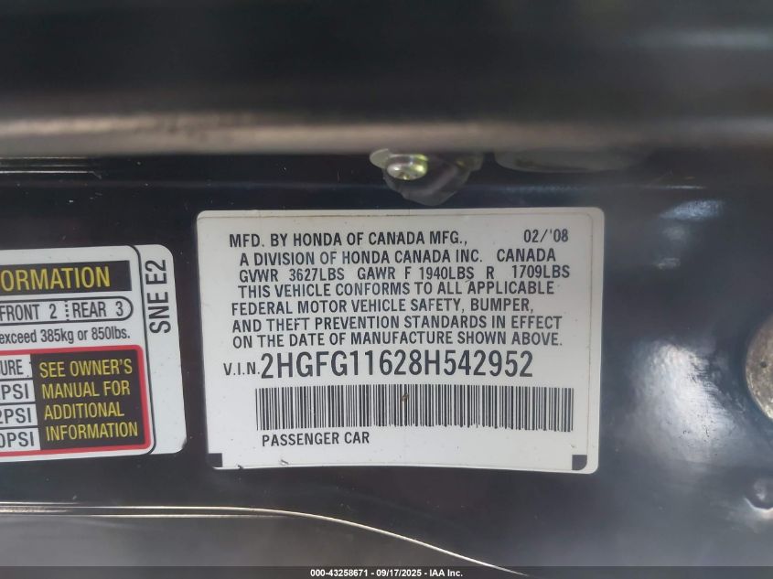 2008 Honda Civic Lx VIN: 2HGFG11628H542952 Lot: 43258671
