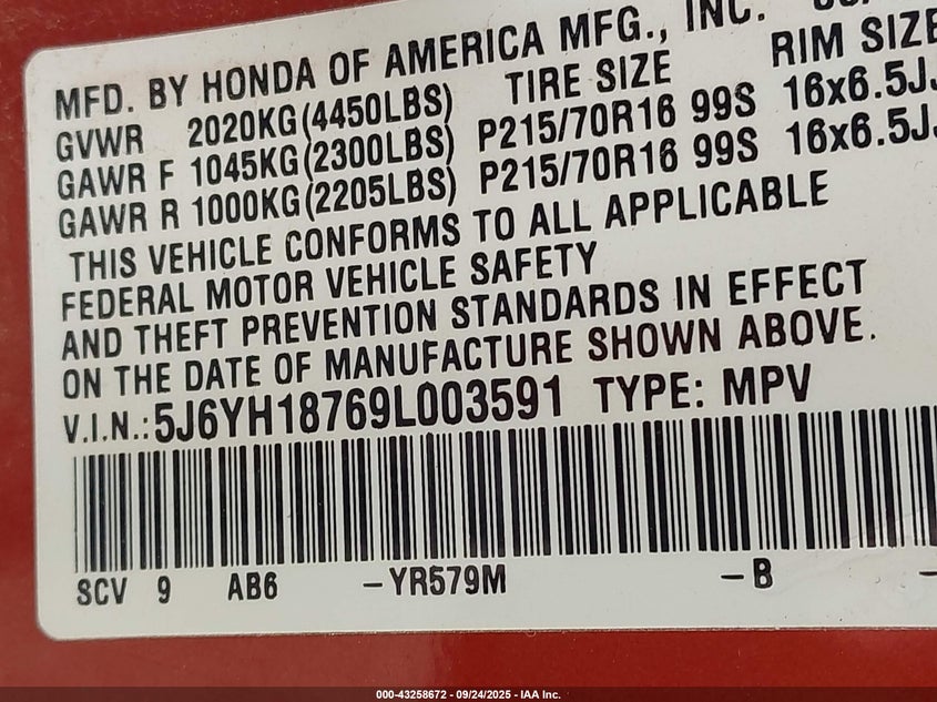 2009 Honda Element Ex VIN: 5J6YH18769L003591 Lot: 43258672