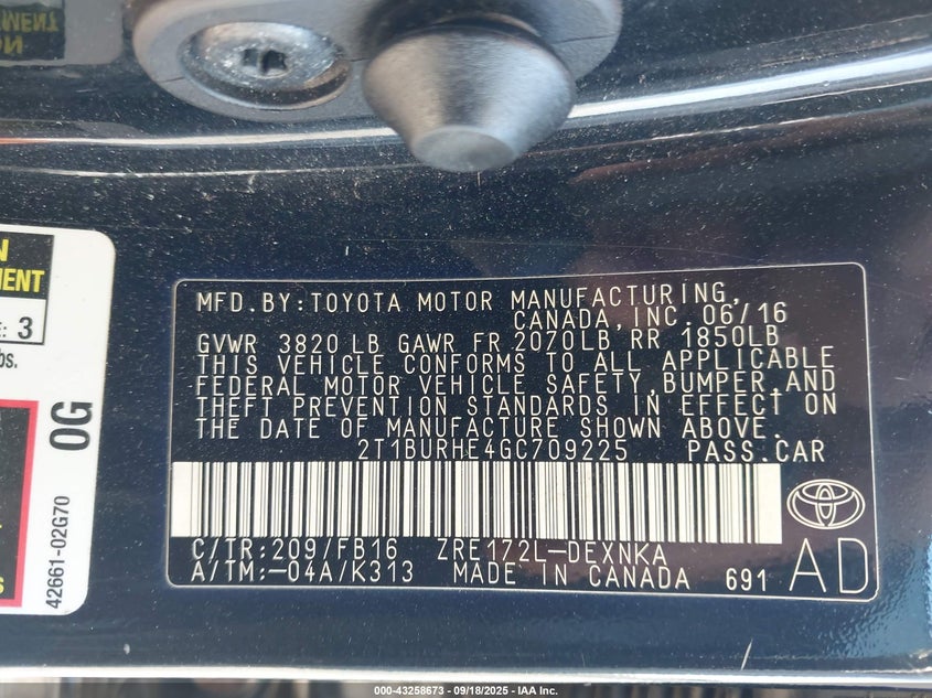 2016 Toyota Corolla Le VIN: 2T1BURHE4GC709225 Lot: 43258673