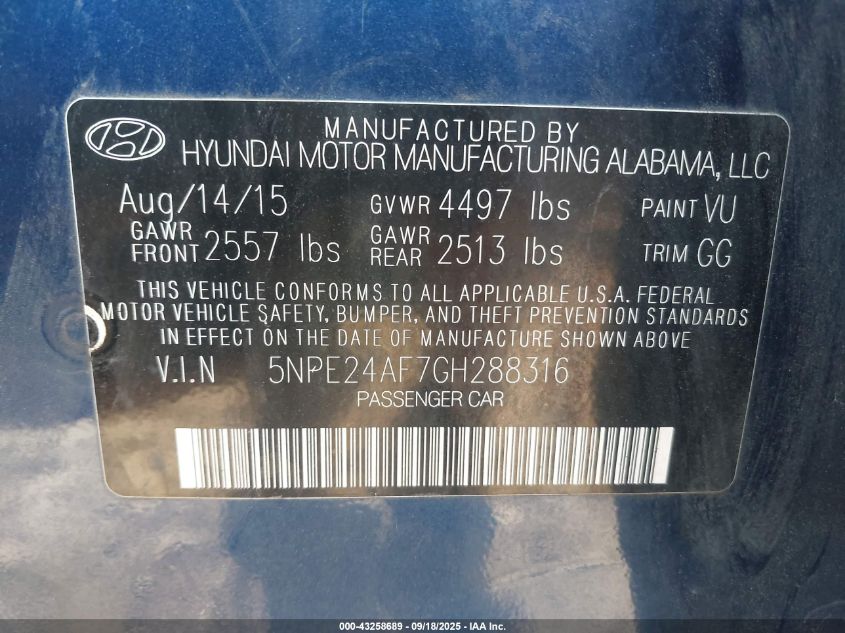 2016 Hyundai Sonata Se VIN: 5NPE24AF7GH288316 Lot: 43258689