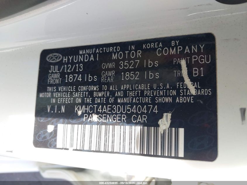 2013 Hyundai Accent Gls VIN: KMHCT4AE3DU540474 Lot: 43258695