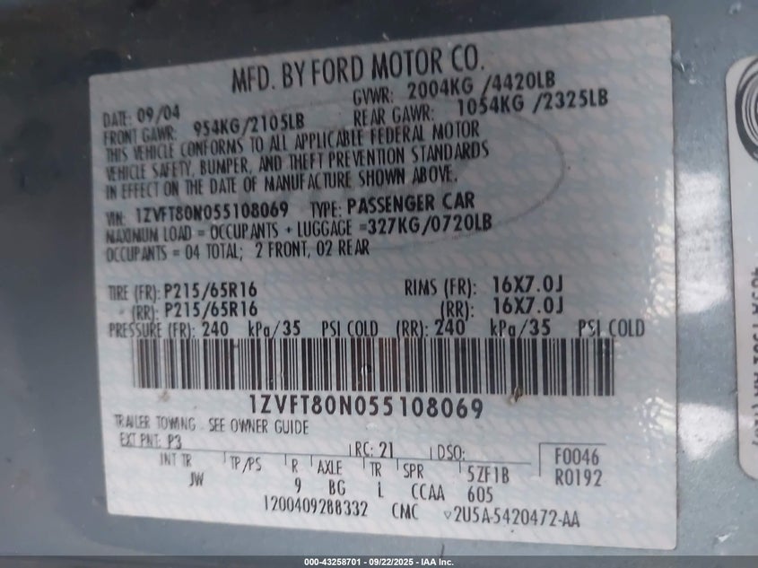 2005 Ford Mustang VIN: 1ZVFT80N055108069 Lot: 43258701
