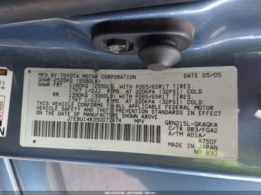 2005 Toyota 4Runner Sr5 V6 VIN: JTEBU14R350073474 Lot: 43258708