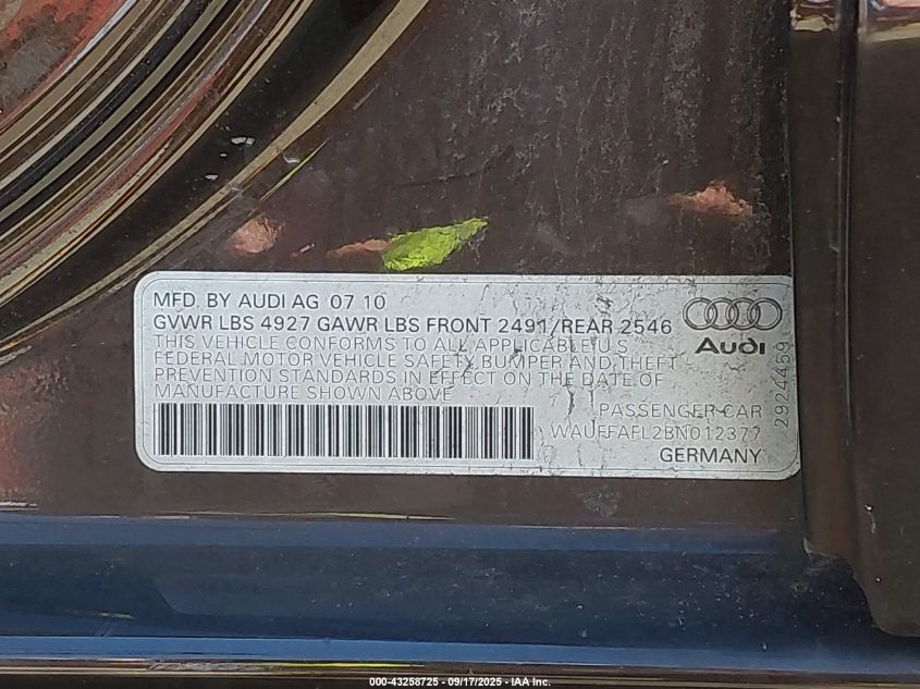 2011 Audi A4 2.0T Premium VIN: WAUFFAFL2BN012377 Lot: 43258725