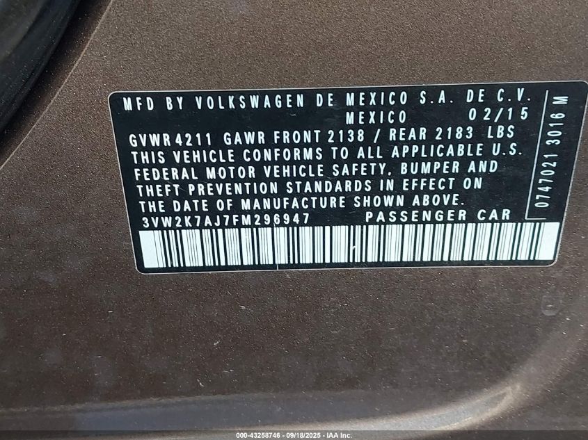 2015 Volkswagen Jetta 2.0L S VIN: 3VW2K7AJ7FM296947 Lot: 43258746