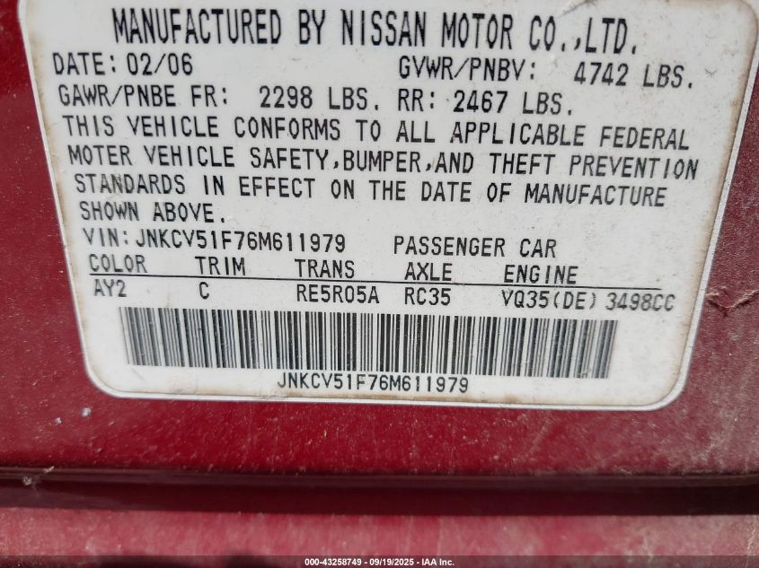 2006 Infiniti G35X VIN: JNKCV51F76M611979 Lot: 43258749