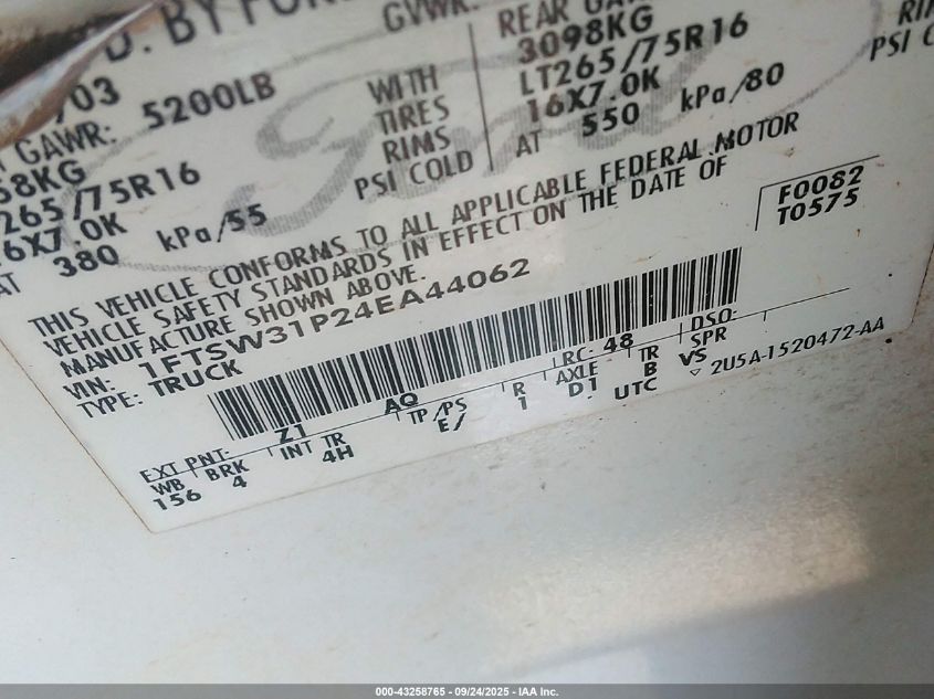 2004 Ford F-350 Lariat/Xl/Xlt VIN: 1FTSW31P24EA44062 Lot: 43258765