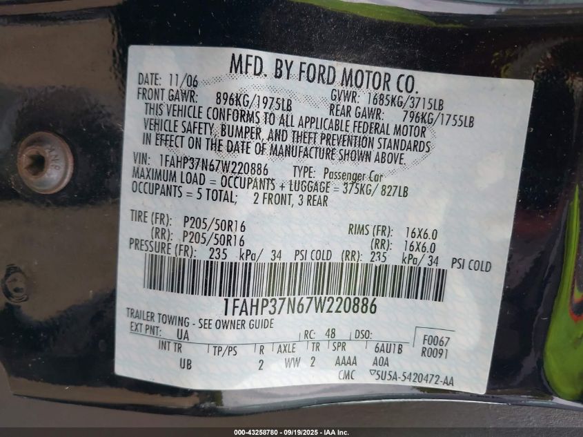 2007 Ford Focus S/Se/Ses VIN: 1FAHP37N67W220886 Lot: 43258780