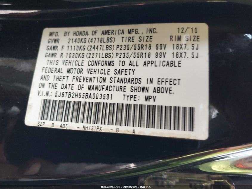 2011 Acura Rdx VIN: 5J8TB2H55BA003591 Lot: 43258782