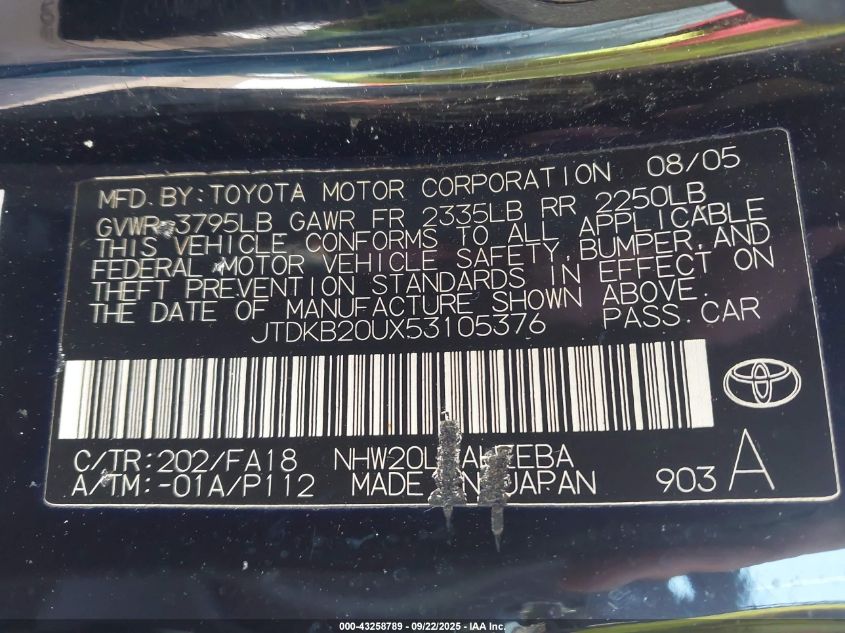 2005 Toyota Prius VIN: JTDKB20UX53105376 Lot: 43258789