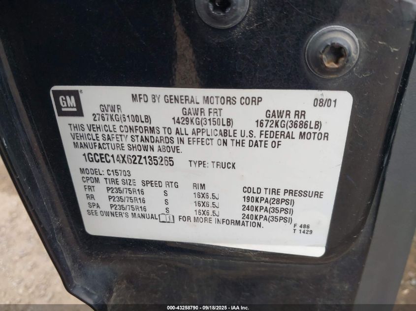 2002 Chevrolet Silverado 1500 VIN: 1GCEC14X62Z135265 Lot: 43258790