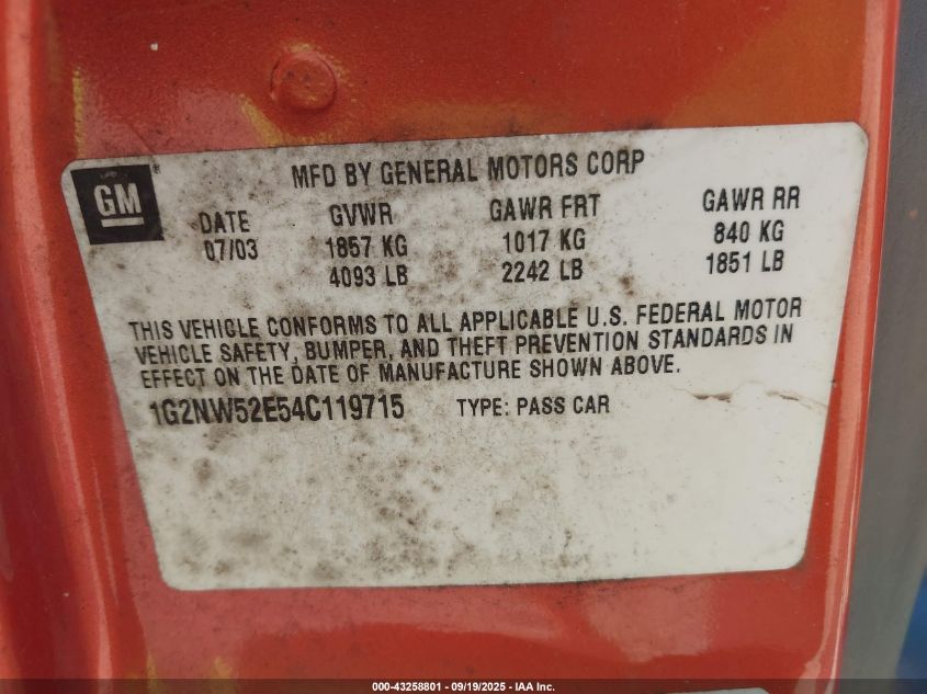 2004 Pontiac Grand Am Gt VIN: 1G2NW52E54C119715 Lot: 43258801